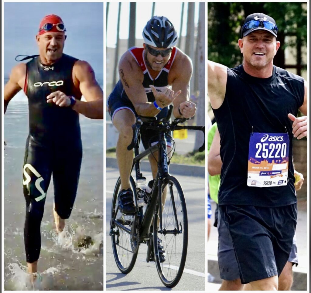 Three men in triathlon gear are running, biking and swimming.